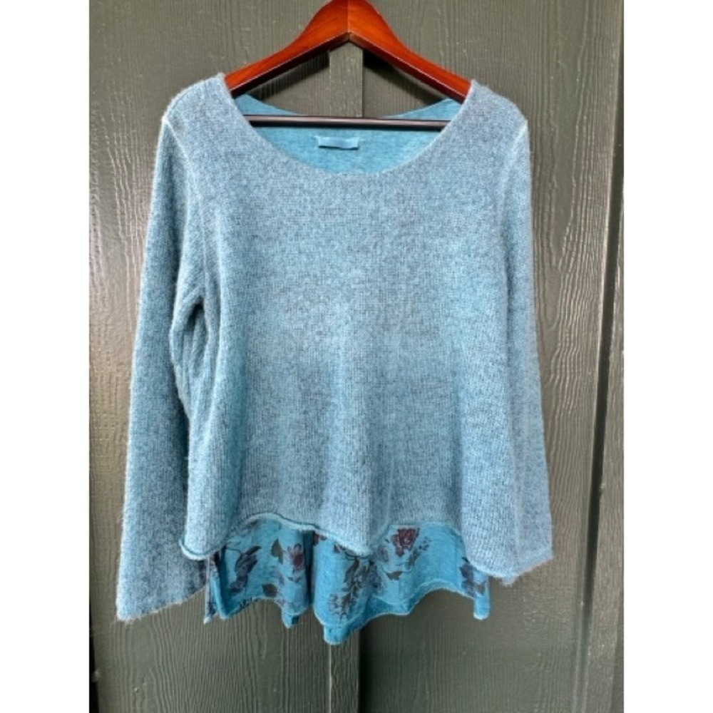 Made in Italy Mohair Blend Layered Floral Hem Sweater Teal Blue Art